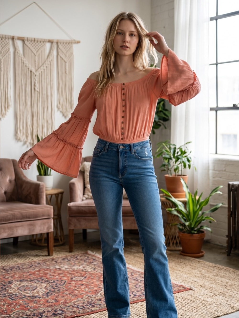 143 Story by Line Up Off Shoulder Bell Sleeve Bodysuit Small Pink Boho Rayon